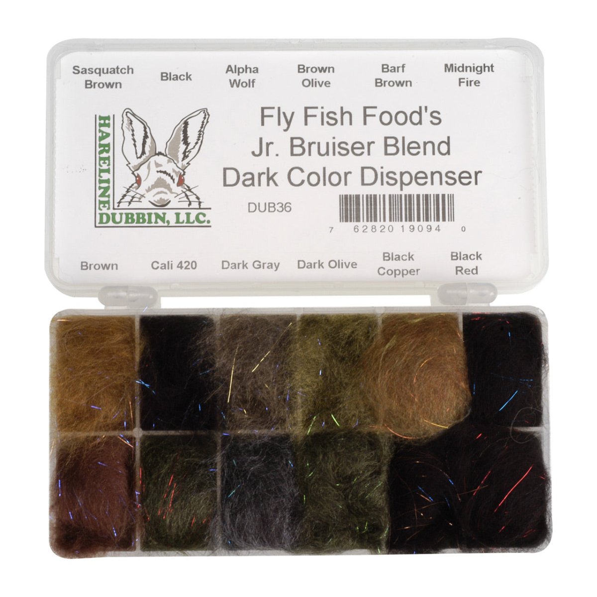 Hareline Dubbin - Bruiser Blend Dubbing 12 - Compartment Loaded Dubbing Dispenser - Dark Colors - Feather Craft Fly Fishing